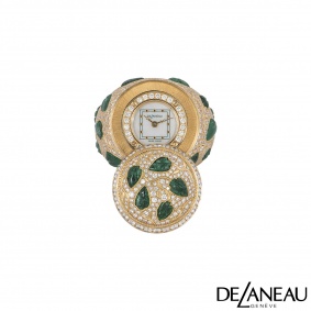 DeLaneau Rose Gold Mother of Pearl, Diamond & Emerald Ring Watch